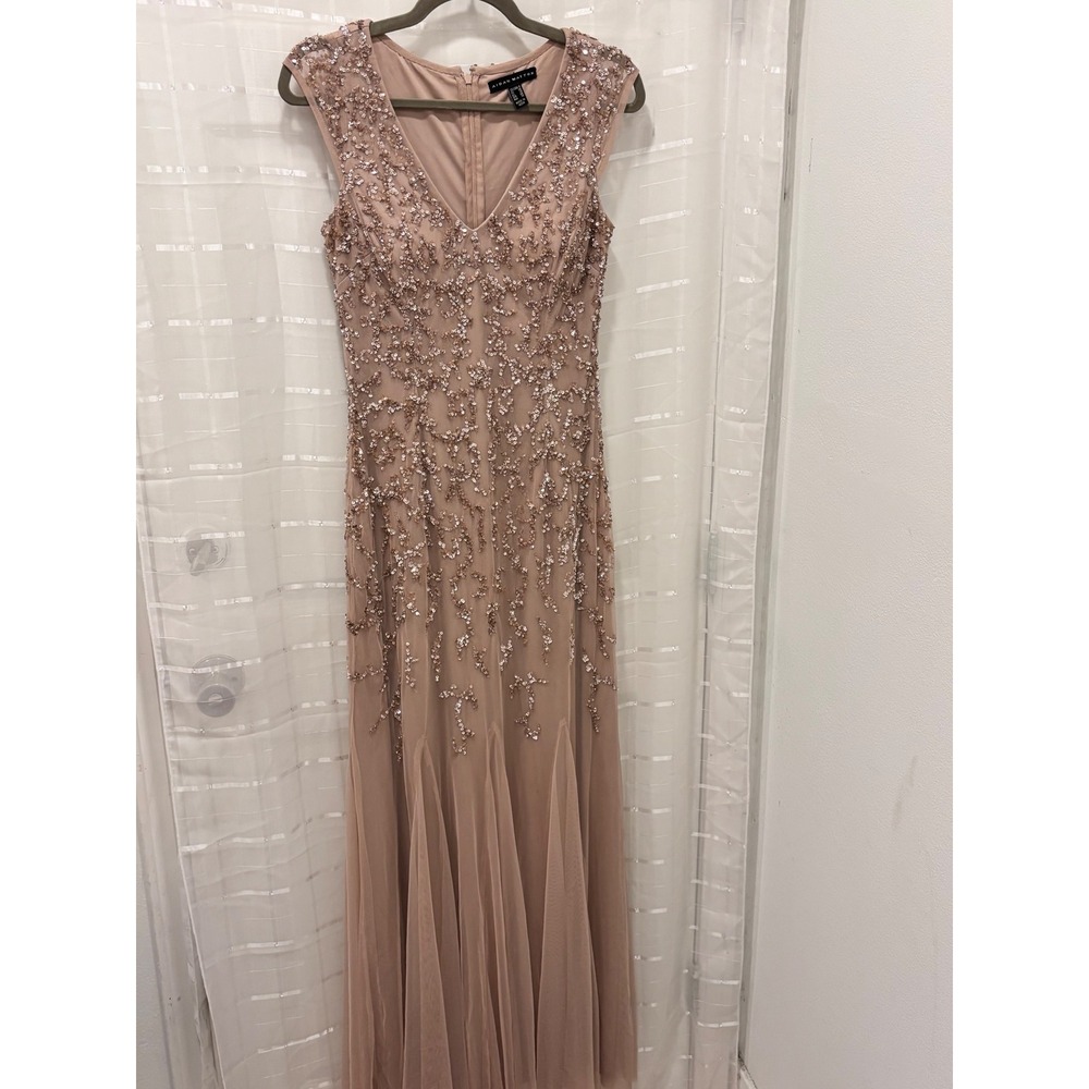 Aidan Mattox Women Pink Sequin Mesh V-Neck Gown Formal Dress Size 6